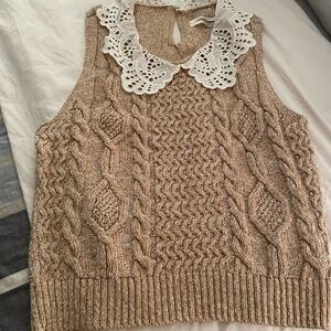 Anthropologie Tan Cable Knit Tank Top with White Lace Collar